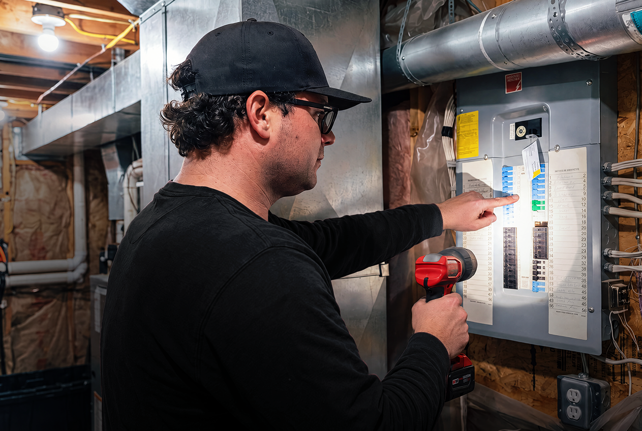 Zeus EV Chargers_September '26 Blog_Electrical Panel Limits for EV Chargers- Nathan pointing and examining the electrical panel